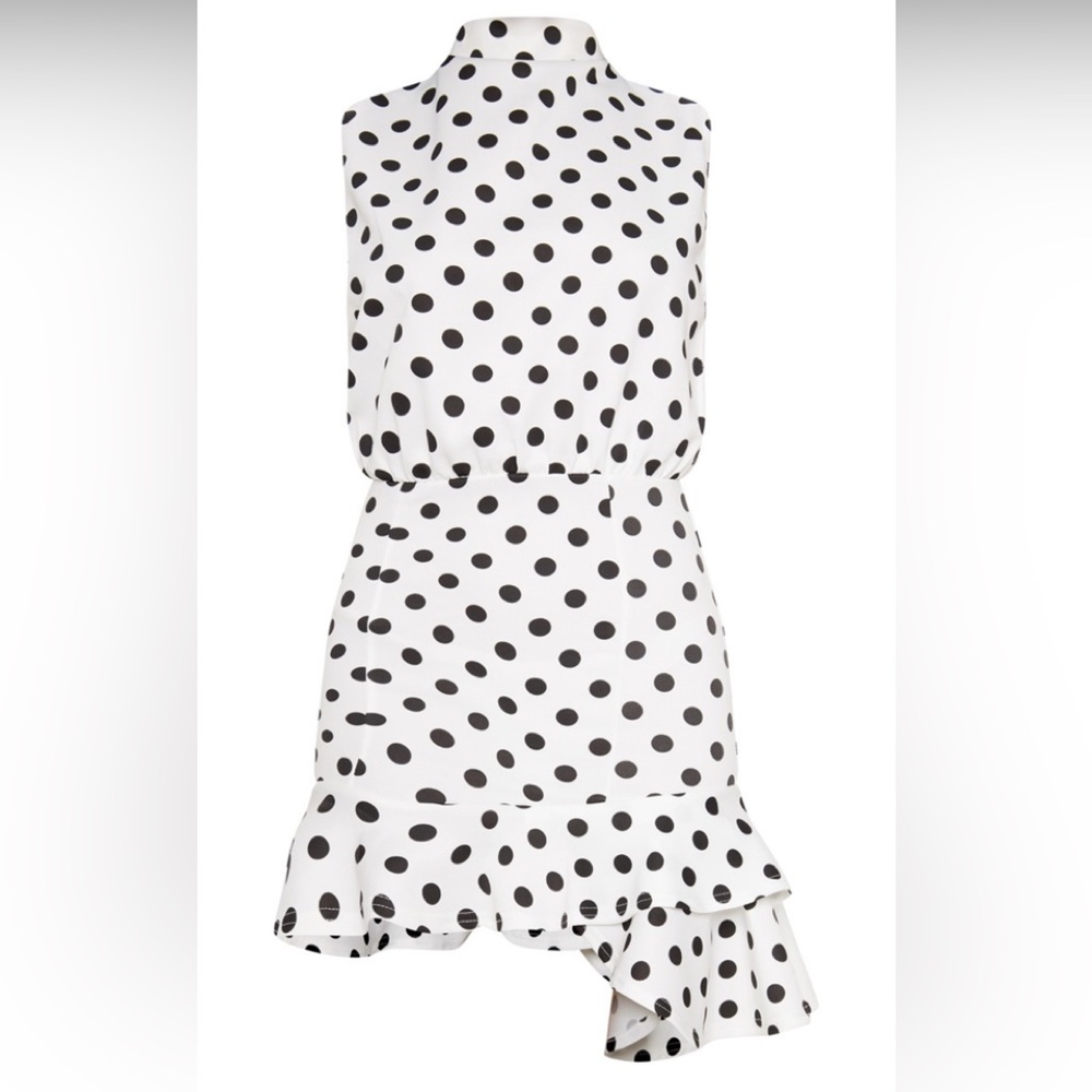 PLT white polka dot high neck frill hem bodycon dress SZ 6